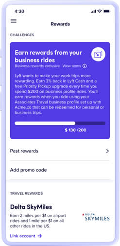 Lyft Business Travel Rewards Phone Screen