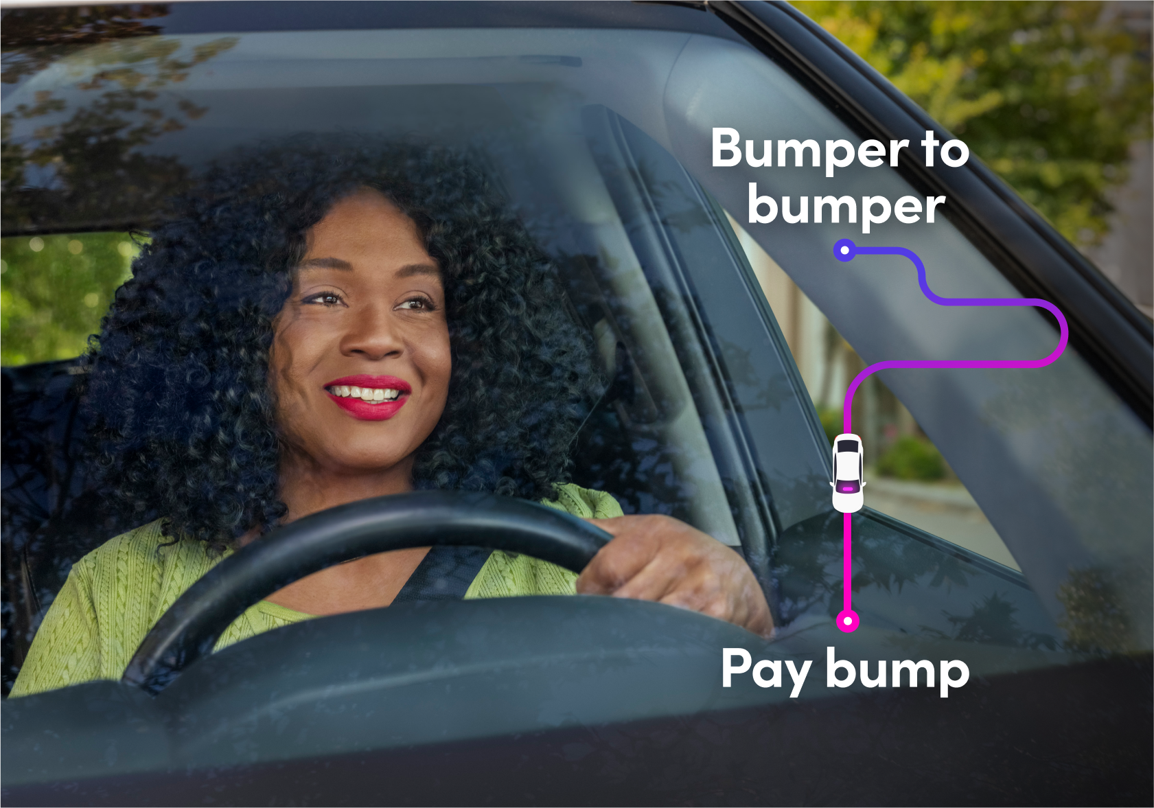 A Lyft driver looks through the windshield, smiling. To the right, a line connects the words “Bumper to bumper” and “Pay bump.”