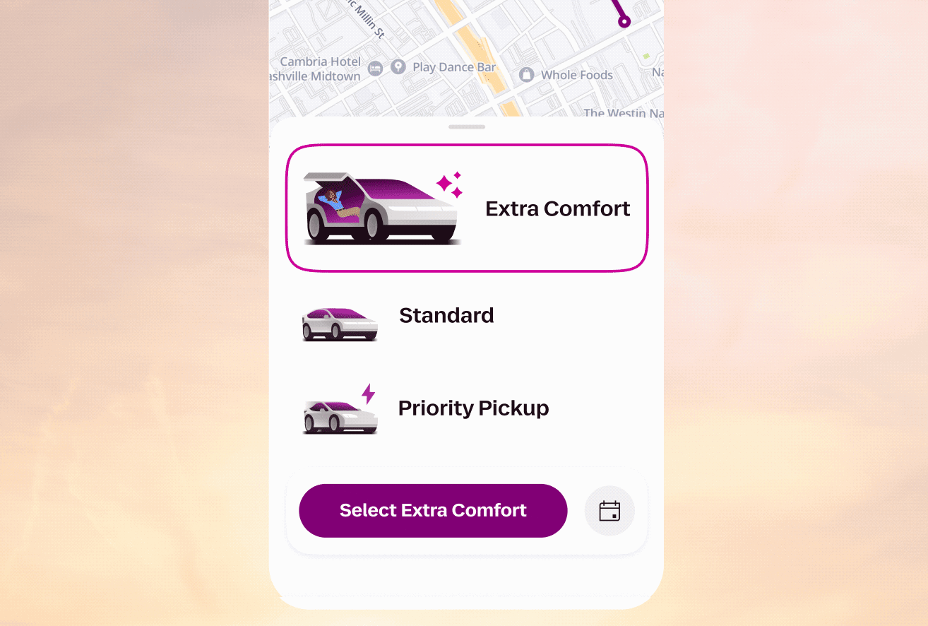 A mobile app screen displays a map and three ride options: Extra Comfort, Standard, and Priority Pickup, with a "Select Extra Comfort" button.