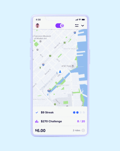 animated GIF showcasing Ride Streaks product feature in Lyft app on a mobile phone. 