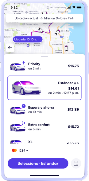 Lyft app screen showing route map, ride options with prices, and a highlighted Standard ride for $14.61.