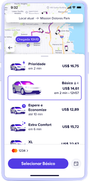 Lyft app screen showing route map, ride options with prices, and a highlighted Standard ride for $14.61.