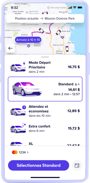 Lyft app screen showing route map, ride options with prices, and a highlighted Standard ride for $14.61.