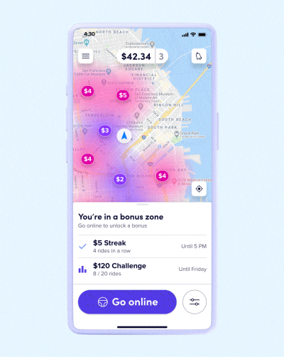 animated GIF showcasing Bonus Zones product feature in Lyft app on a mobile phone. 