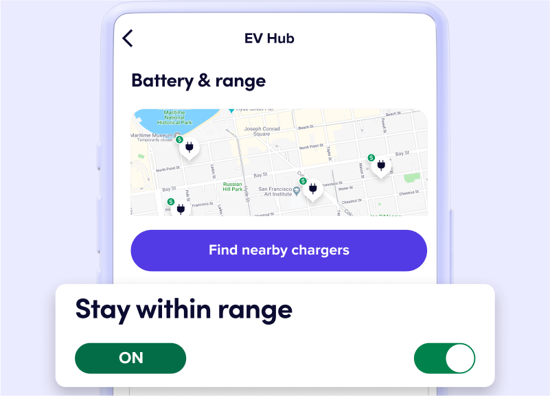 A Lyft Driver app ‘EV Hub’ screen shows a “Stay within range” notification with the toggle turned on.