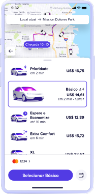 Lyft app screen showing route map, ride options with prices, and a highlighted Standard ride for $14.61.