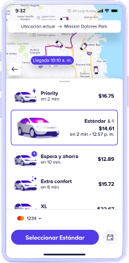 Lyft app screen showing route map, ride options with prices, and a highlighted Standard ride for $14.61.