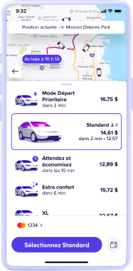 Lyft app screen showing route map, ride options with prices, and a highlighted Standard ride for $14.61.