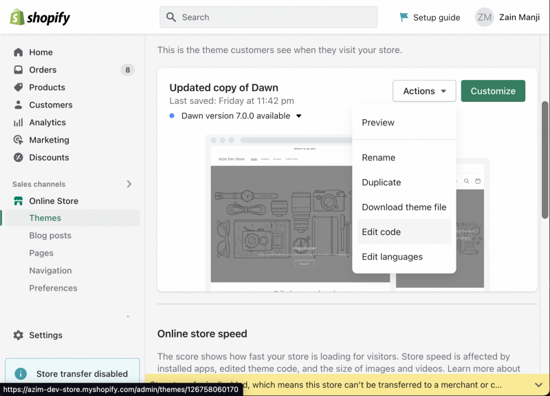 shopify dashboard where you edit theme and add nft token gate script to website or storefront