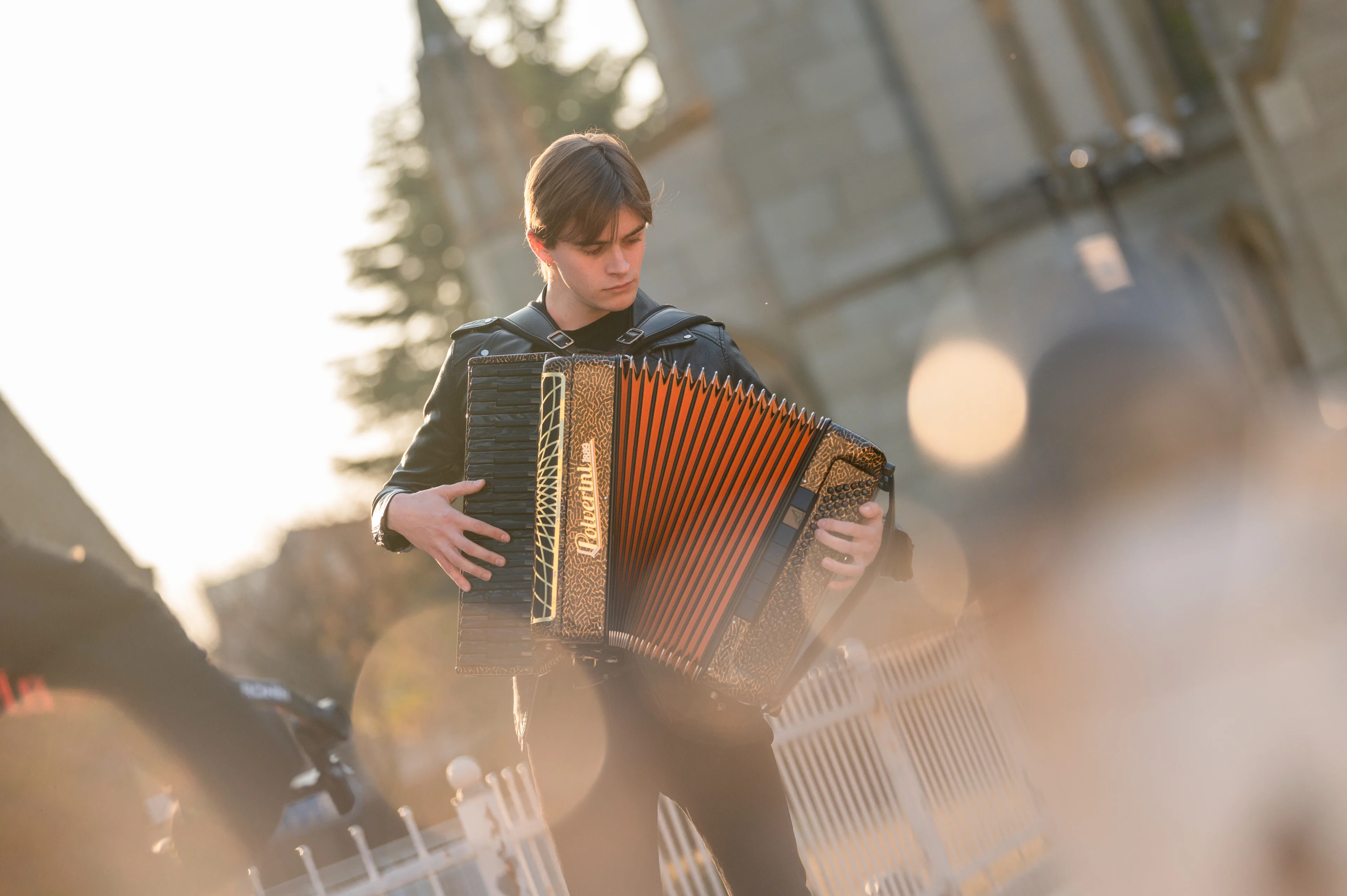 Man playing accordion in the sun