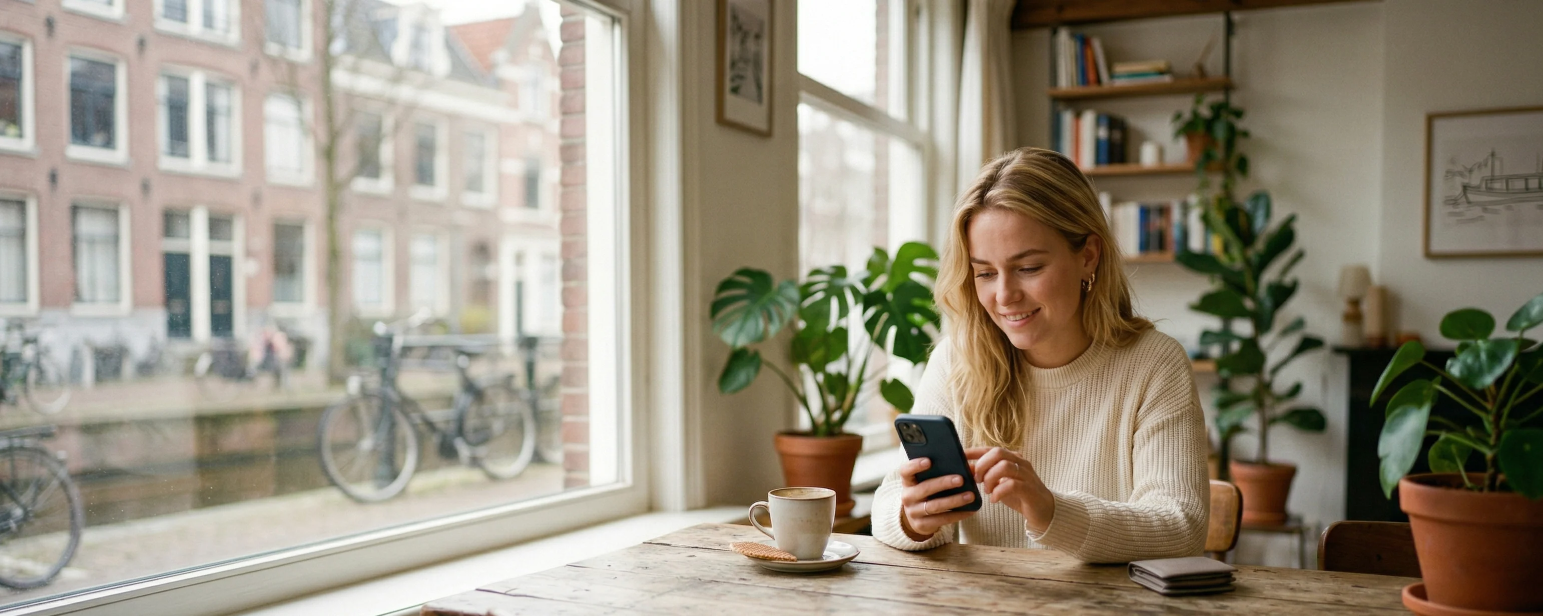 Picture of a woman using a phone to complete a purchase