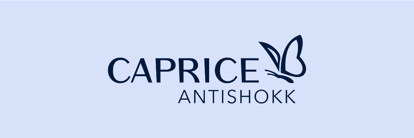Logo avec l'inscription "CAPRICE ANTISHOKK" en bleu foncé et le symbole du papillon sur fond bleu clair