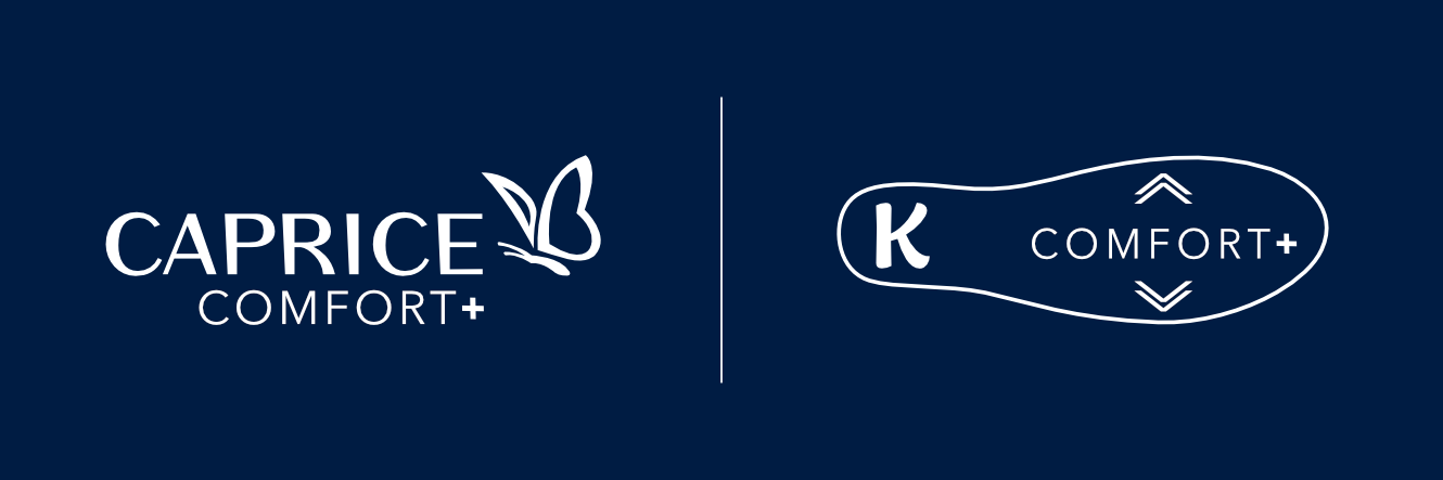 Twee witte logo's op een donkerblauwe achtergrond: Caprice Comfort+ met vlinder links en K Comfort+ in de vorm van een schoenzool rechts.