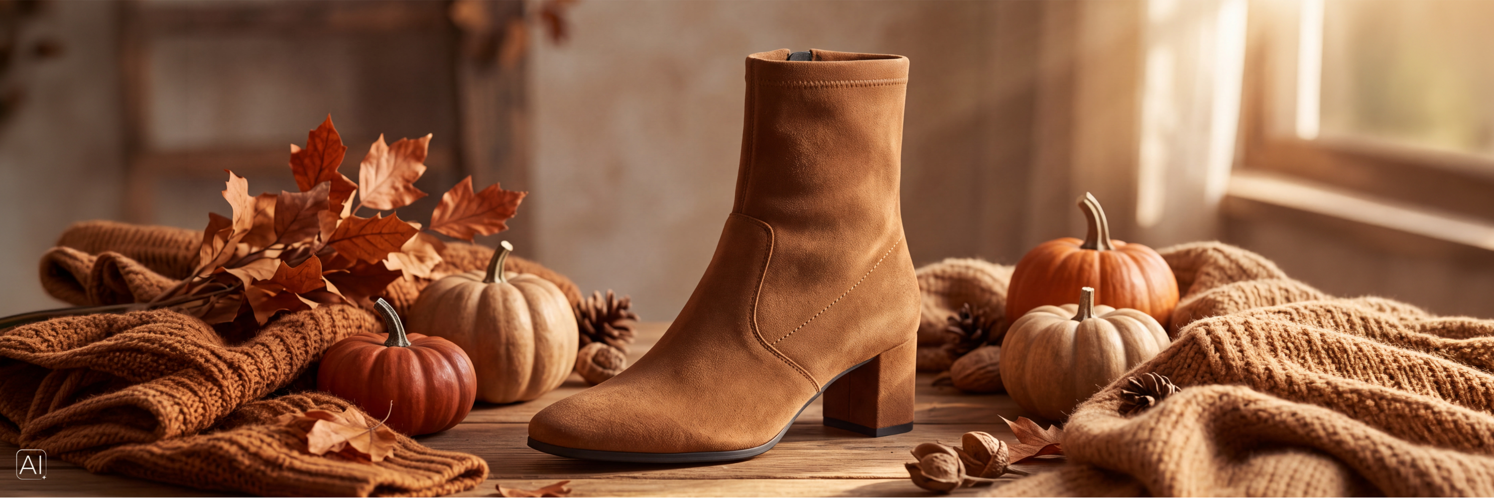 Cognacfarbener CAPRICE Damen-Stiefel aus Veloursleder mit Blockabsatz, dekorativ inszeniert zwischen Kürbissen, Herbstblättern und Strick in warmem Licht.