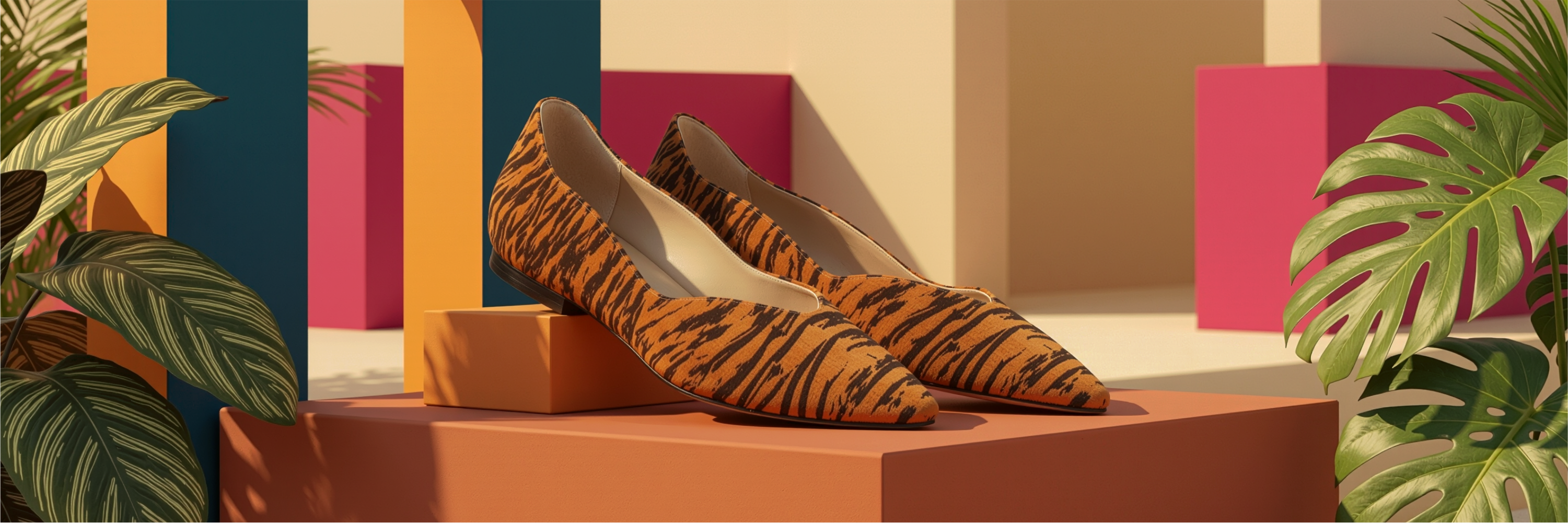 Platte damesschoenen met oranje tijgerpatroon op geometrische plateaus tegen een gekleurde achtergrond