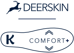 DEERSKIN Logo mit springendem Hirsch und K COMFORT+ Einlegesohlen-Symbol