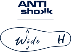 ANTIshokk Logo mit stilisierter Sohlenform und der Kennzeichnung Wide H auf hellem Hintergrund