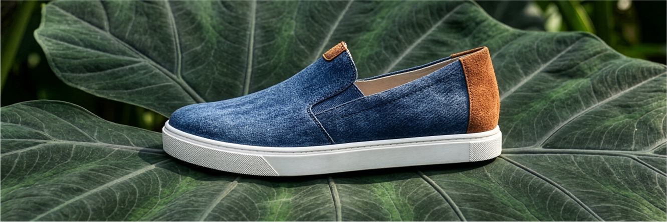 Scarpa slip-on blu con accenti marroni su suola bianca, presentata su una grande foglia verde