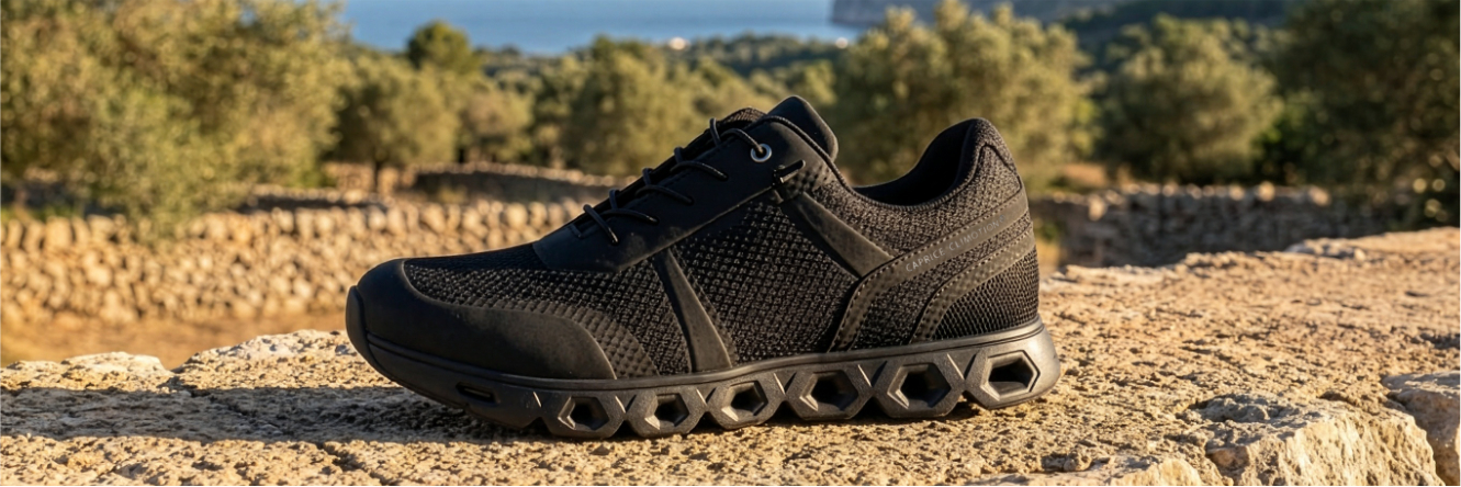 Black sports shoe with textured sole on stone wall in front of Mediterranean landscape with olive trees and sea