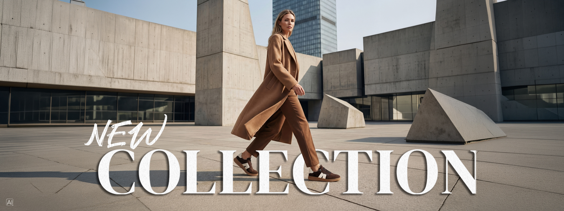 Woman in a camel coat and brown sneakers walking in front of modern concrete architecture, with large “NEW COLLECTION” text across the image.