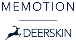 Logos MEMOTION et DEERSKIN avec symbole de cerf bondissant sur fond blanc