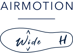 AIRMOTION Logo mit stilisierter Sohlenform und der Kennzeichnung Wide H auf hellem Hintergrund