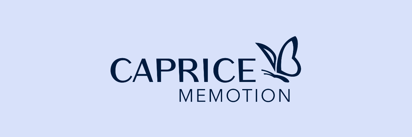 Caprice Memotion logo with dark blue lettering and butterfly symbol on a light blue background