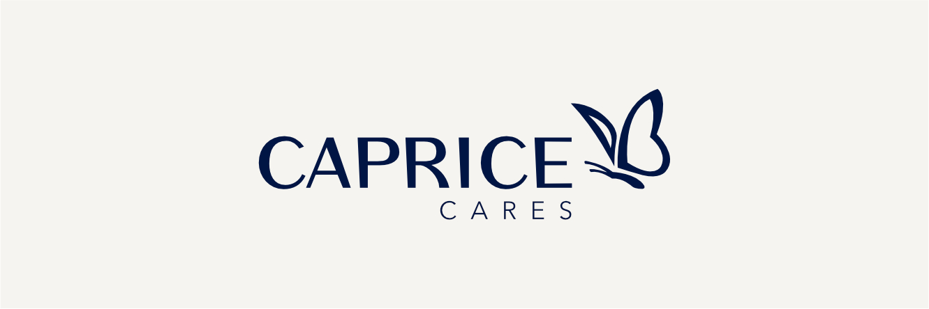 Caprice Cares Logo mit dunkelblauem Schmetterling-Symbol auf hellbeigem Hintergrund