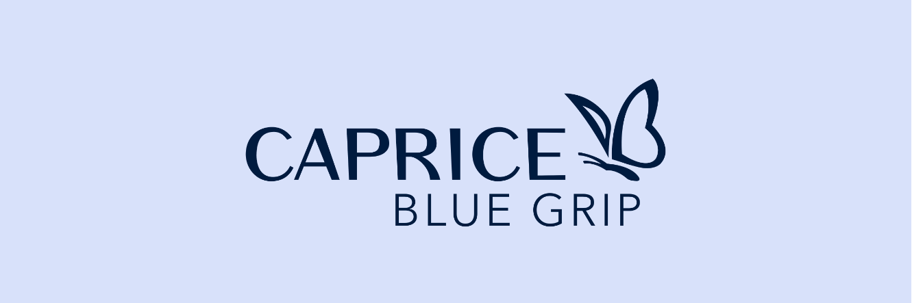 Logo Caprice Blue Grip con simbolo della farfalla blu scuro su sfondo blu chiaro