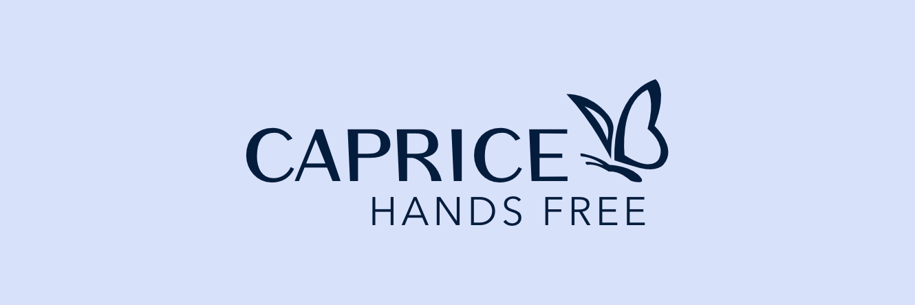Logo con scritta "CAPRICE HANDS FREE" di colore blu scuro e farfalla stilizzata su sfondo blu chiaro.