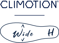 CLIMOTION logo with stylized sole shape and Wide H marking on a light background