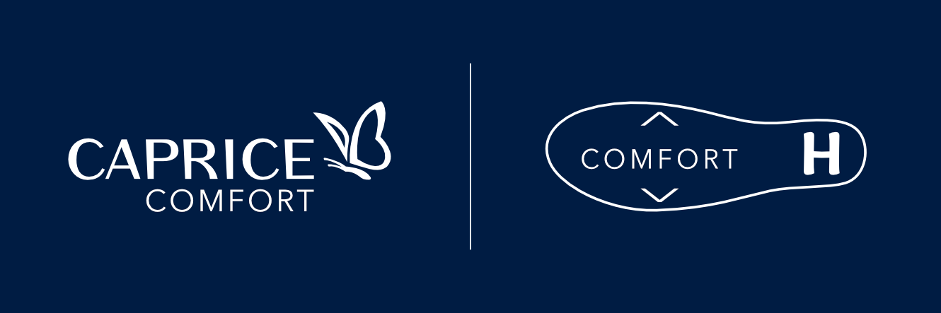 Due loghi bianchi su sfondo blu scuro: Caprice Comfort con farfalla a sinistra e Comfort H a forma di suola di scarpa a destra.
