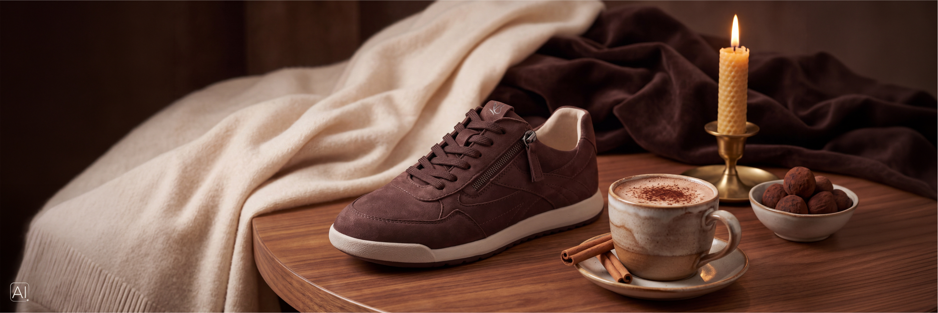 Brauner CAPRICE Damen-Sneaker aus Veloursleder auf Holztisch, inszeniert mit Decke, Tasse heißer Schokolade, Zimtstangen, Pralinen und Kerze.