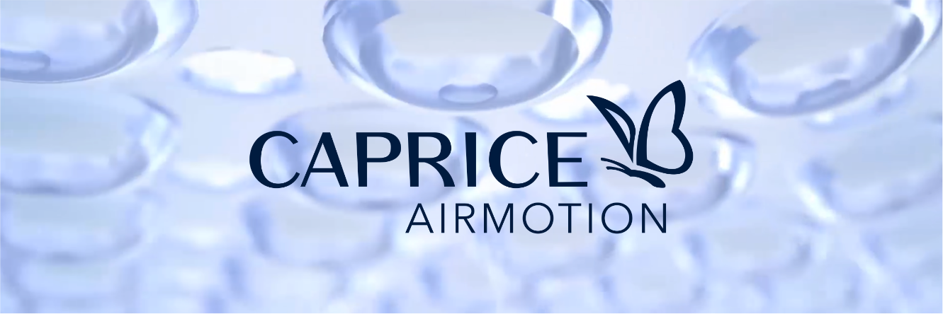 Caprice Airmotion Logo mit Schmetterling-Symbol vor verschwommenem Hintergrund in Blautönen