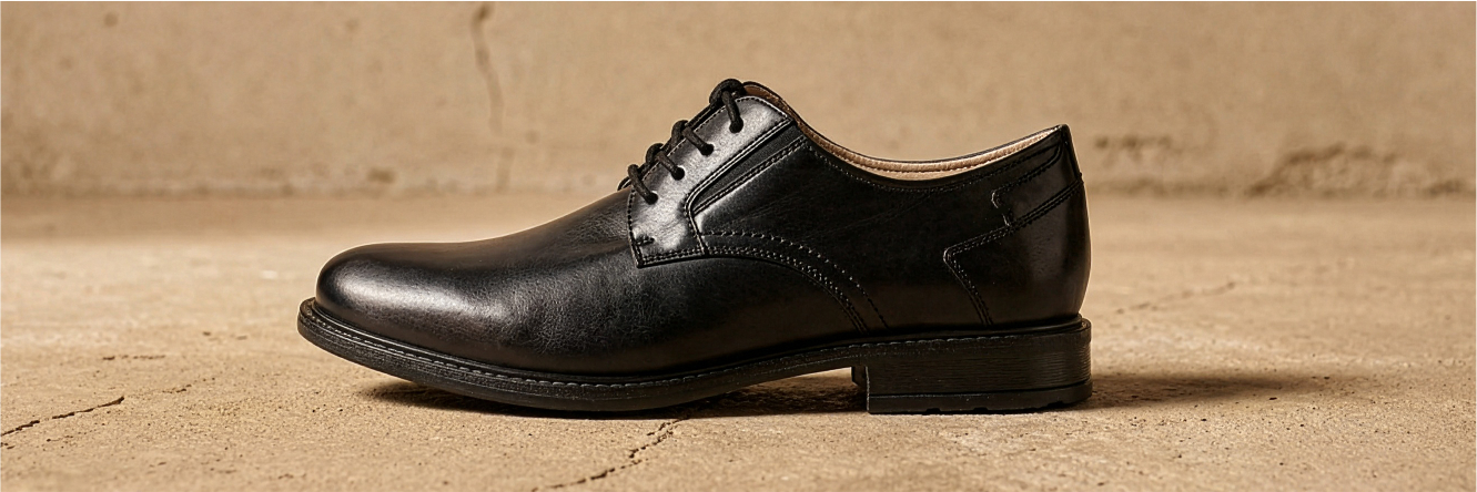 Gros plan sur une chaussure à lacets en cuir noir pour homme, vue de côté sur fond beige