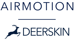 AIRMOTION und DEERSKIN Logos mit springendem Hirsch-Symbol auf weißem Hintergrund
