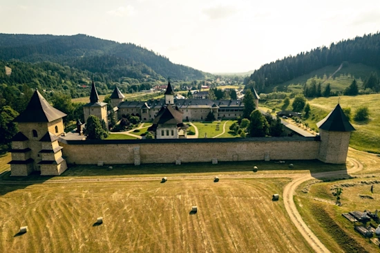 Suceava - Aerial view of Sucevita Monastery, Romania. Romanian Orthodox monasteries in southern Bukovina Landscape