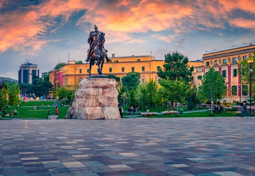 spring view of monument of Skanderbeg in Scanderbeg Square, Tirana, Albania