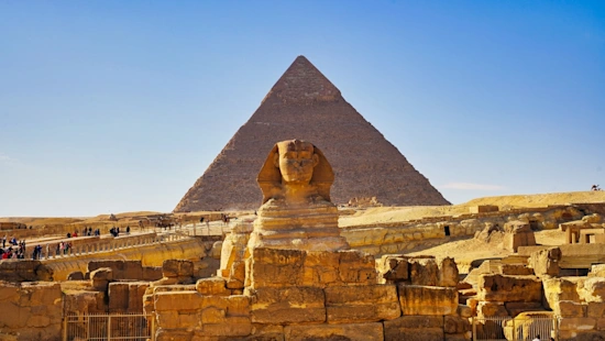 Egypt - Magnificent wide landscape view of the Great Sphinx of Giza with the Pyramid of Khafre in the background as seen from the valley temple on the Giza plateau near Cairo, Egypt Landscape