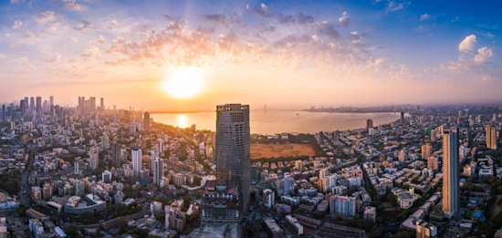 Mumbai - showing the Bandra Worli Sea Link in the centre passing over the Mahim Bay Landscape