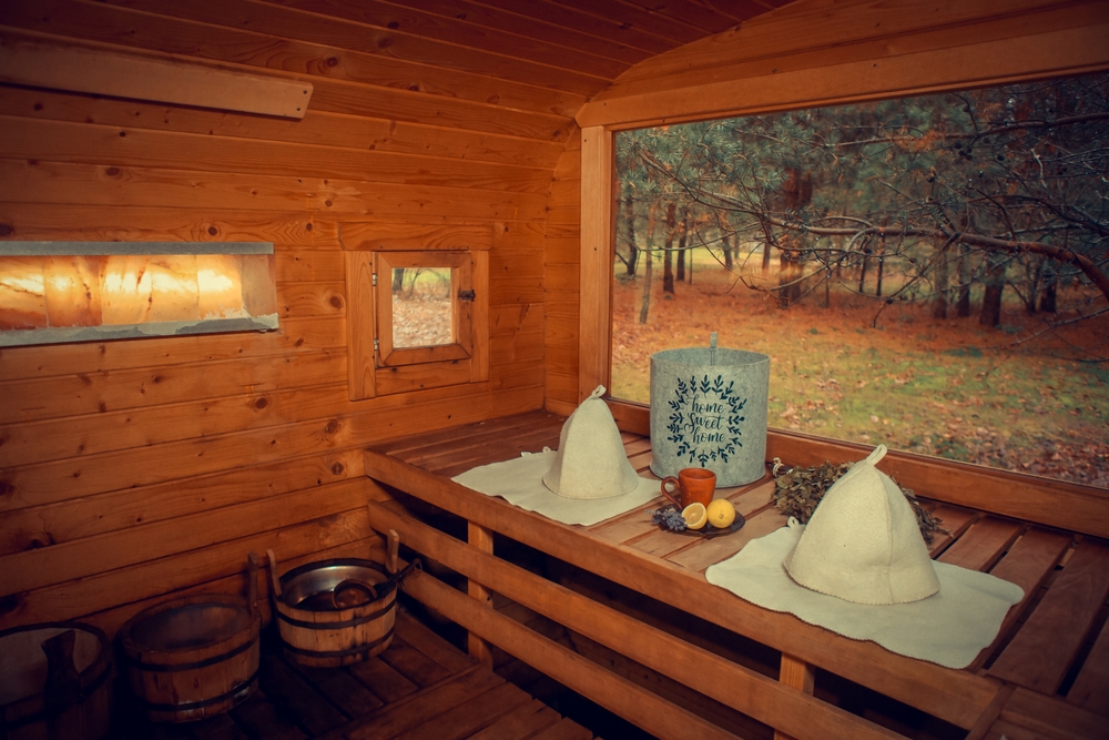 Helsinki - Finnish sauna for relaxation. interior of a Finnish sauna with hot tea and a birch broom Landscape