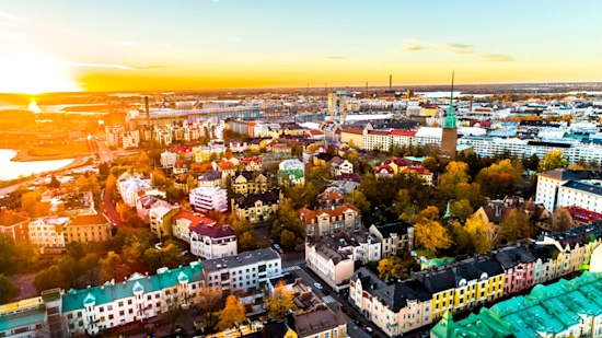 Helsinki - Aerial view of beautiful city Helsinki city. sky ,clouds and colorful buildings . Helsinki, Finland Landscape