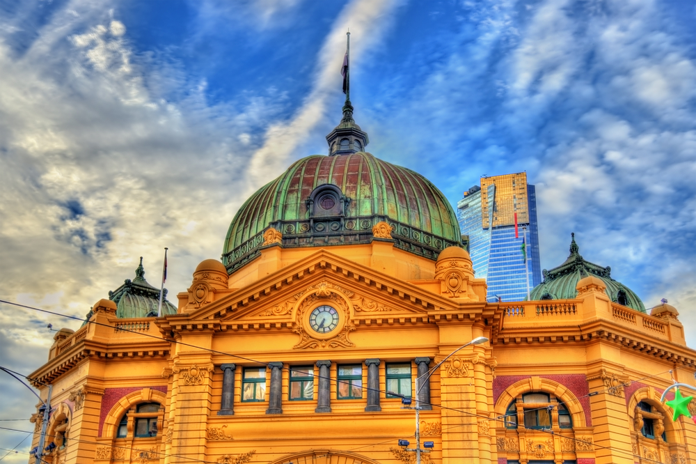 Melbourne - Flinders Street railway station, an iconic building of Melbourne - Australia, Victoria. Built in 1909 Landscape