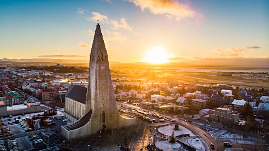 Hallgrimskirkja church and Reykjavik cityscape in Iceland aerial view