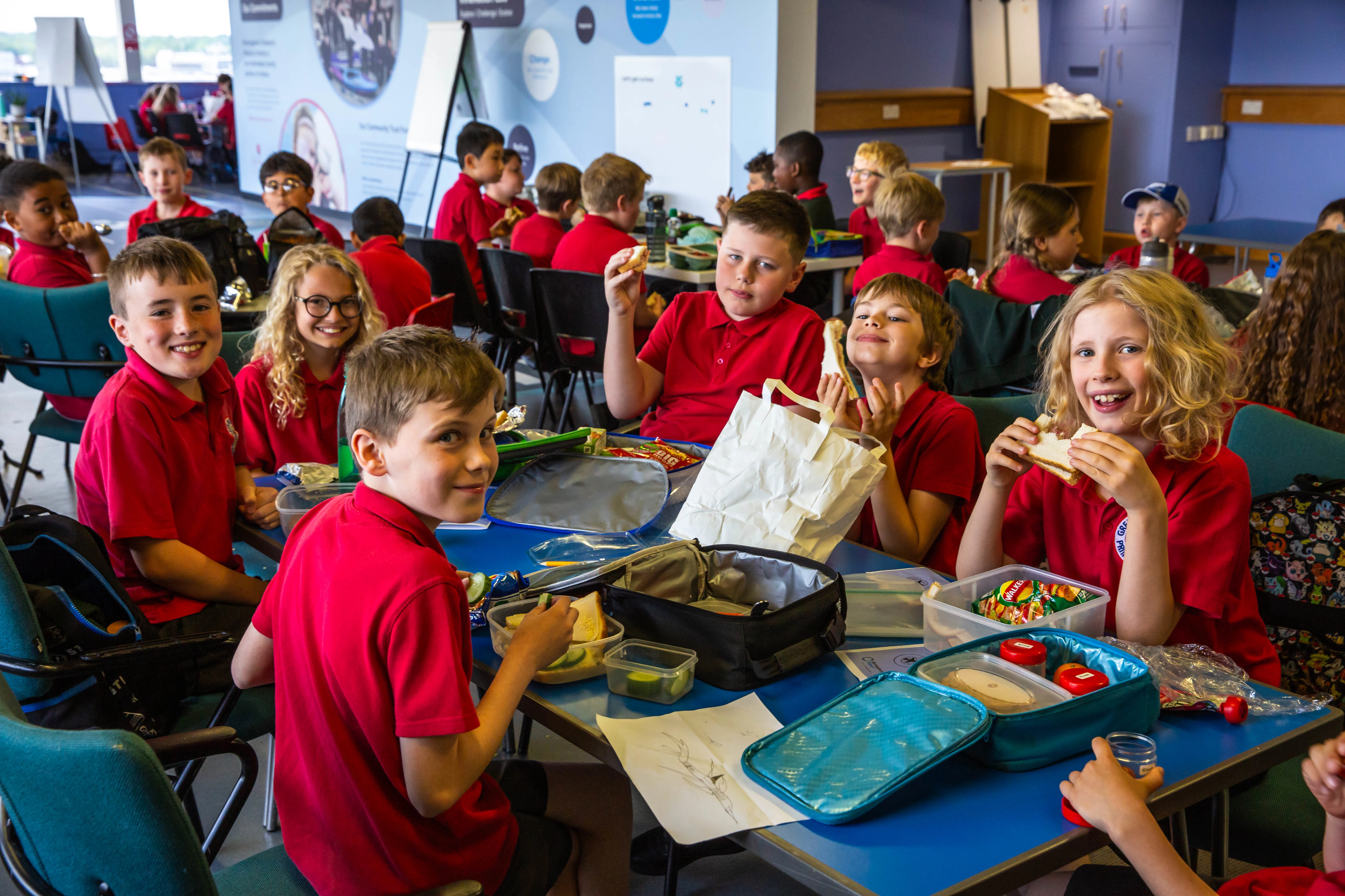 Children enjoying lunch at a Birmingham Airport educational visit