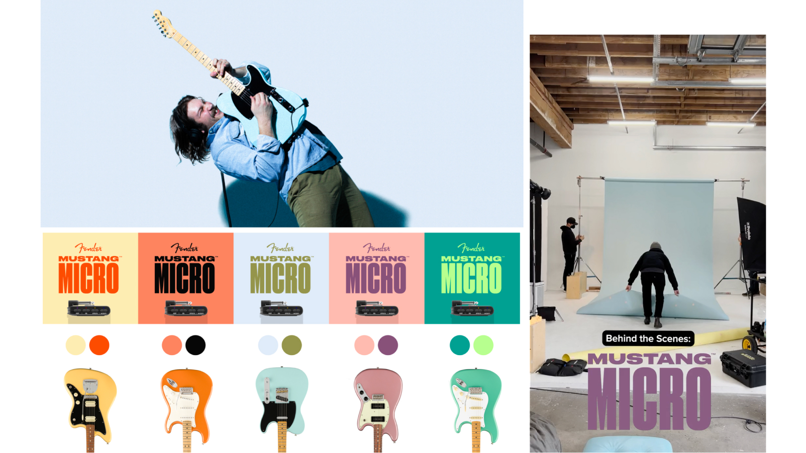 Collage of Fender Mustang Micro creative development. 