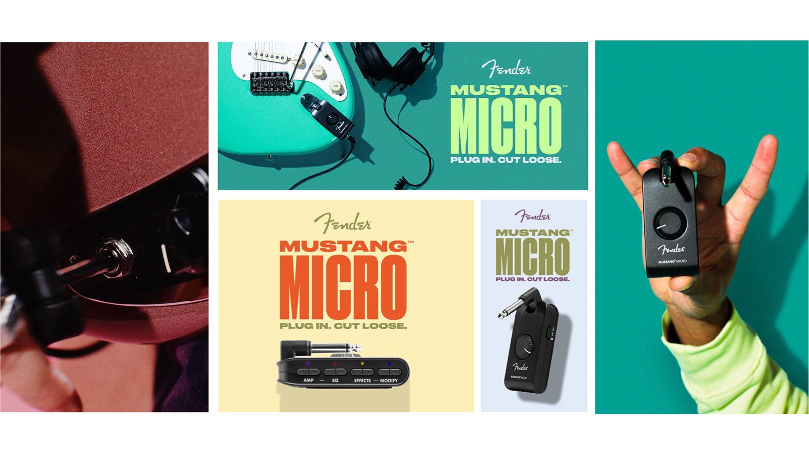 Collage of Fender Mustang Micro creative asset examples. 