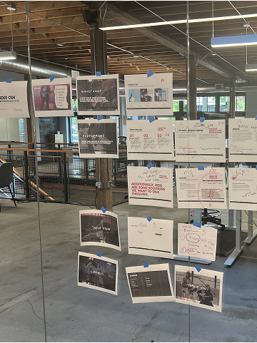 Workshop notes and printouts hung on a wall.