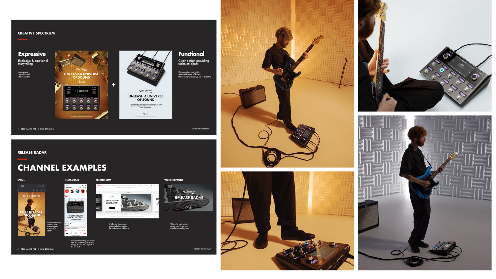 Fender Tone Master Pro deck pages and photography asset examples. 