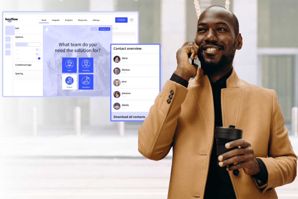 Heyflow screenshots and an African-American person smiling and holding a mobile phone